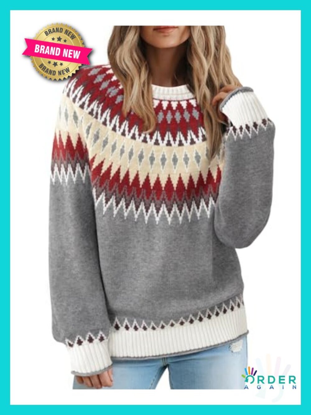 Fair Isle Sweater Women Vintage Color Block Cozy Knit Pullover